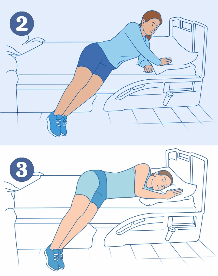Paziente che rientra a letto in modo corretto dopo intervento alla colonna vertebrale utilizzando movimenti lenti e sicuri guidati dalla fisioterapia