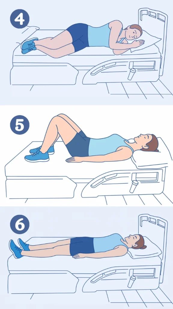 Paziente che rientra a letto in modo corretto dopo intervento alla colonna vertebrale utilizzando movimenti lenti e sicuri guidati dalla fisioterapia