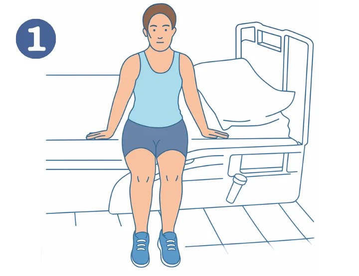 Paziente che rientra a letto in modo corretto dopo intervento alla colonna vertebrale utilizzando movimenti lenti e sicuri guidati dalla fisioterapia