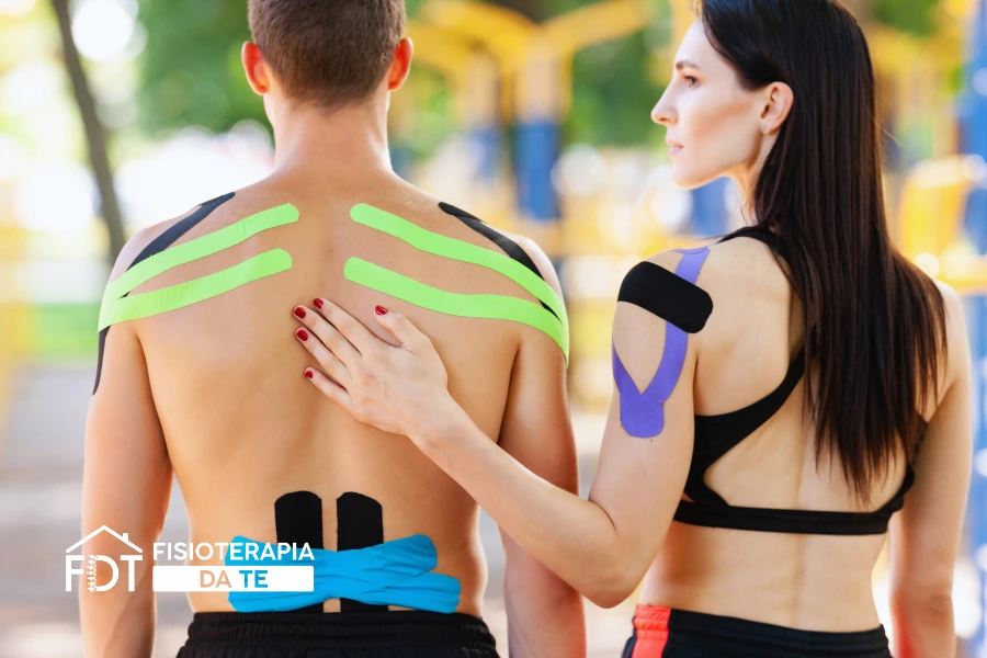 Applicazione di kinesio tape su ginocchio per ridurre dolore e infiammazione