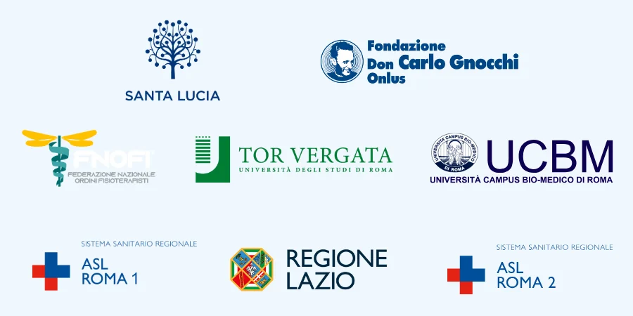 Loghi di Regione Lazio, ASL Roma, Università Tor Vergata, Università Campus Bio-Medico e altre istituzioni partner della fisioterapia a domicilio a Roma