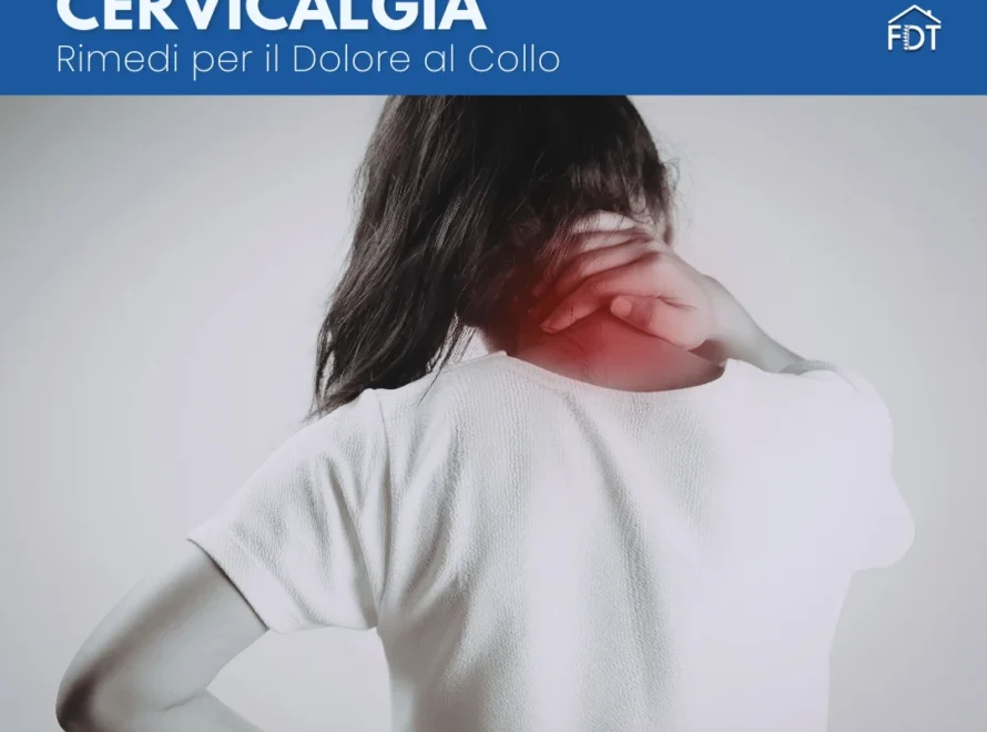 Donna di spalle si tocca il collo con zona infiammata evidenziata in rosso