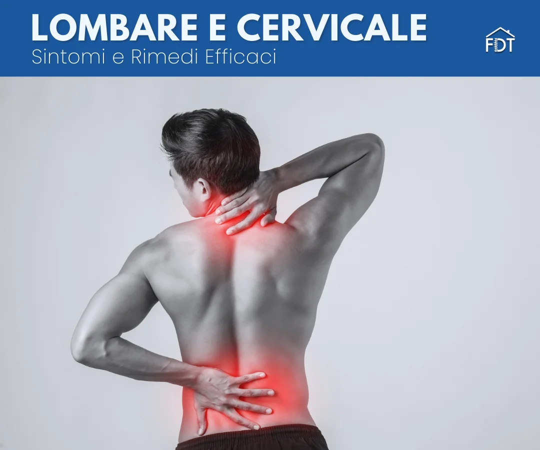 Uomo visto di spalle con dolore evidenziato in rosso su zona lombare e cervicale