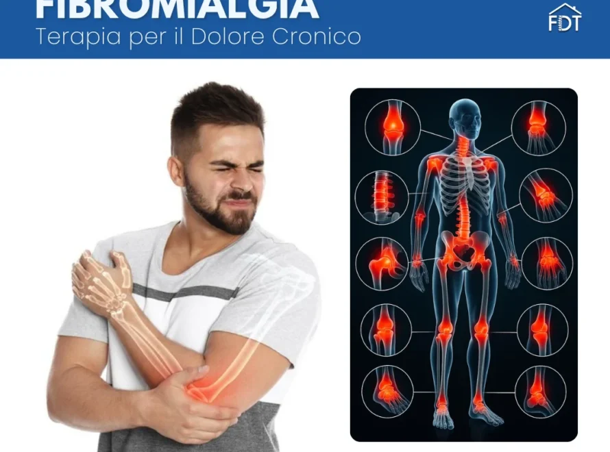 Uomo con dolore al braccio e mappa dei punti dolorosi della fibromialgia