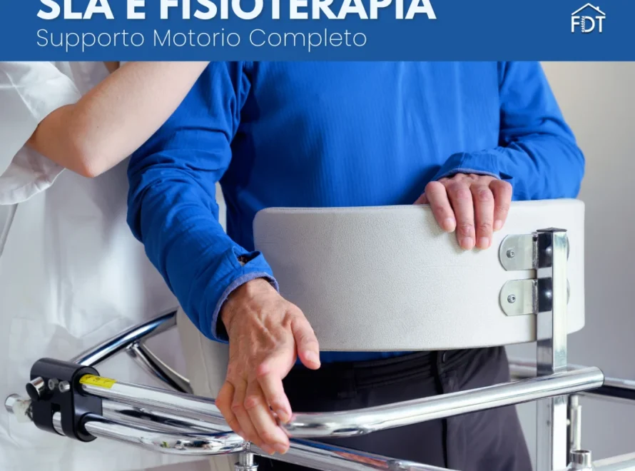 Paziente con SLA assistito da operatore sanitario mentre usa deambulatore