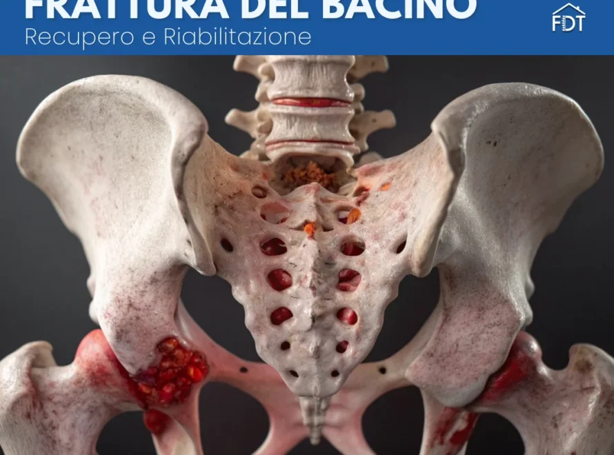 Anatomia del bacino umano con zone di frattura evidenziate ed esercizi di riabilitazione.