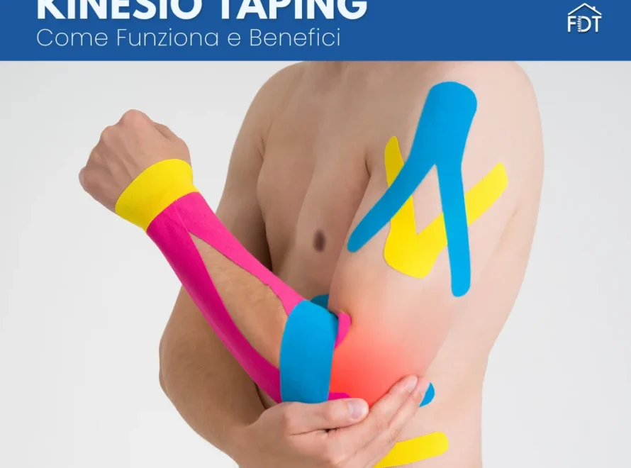 Applicazione di nastri colorati kinesio taping su braccio e gomito uomo