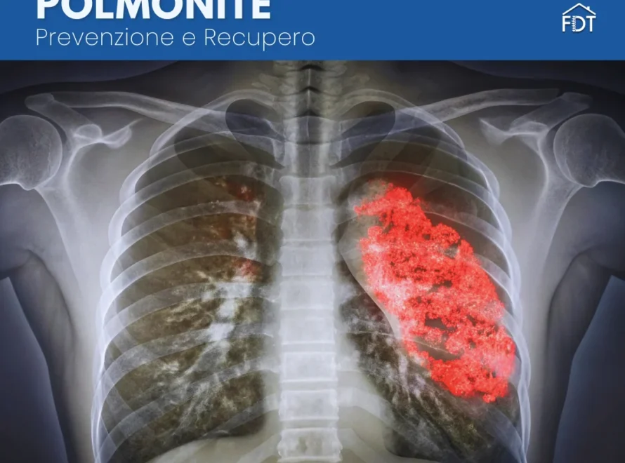 Radiografia del torace con evidenziata in rosso l'area polmonare infetta