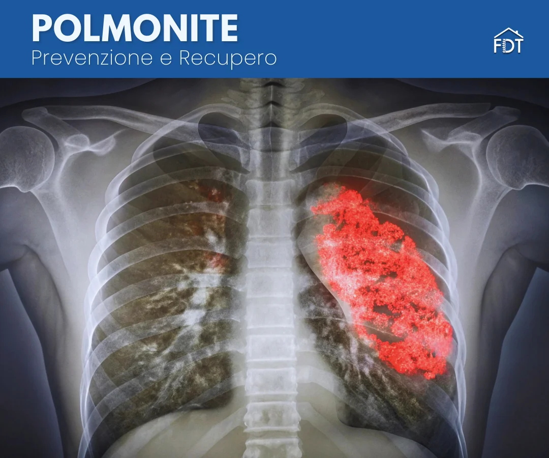 Radiografia del torace con evidenziata in rosso l'area polmonare infetta