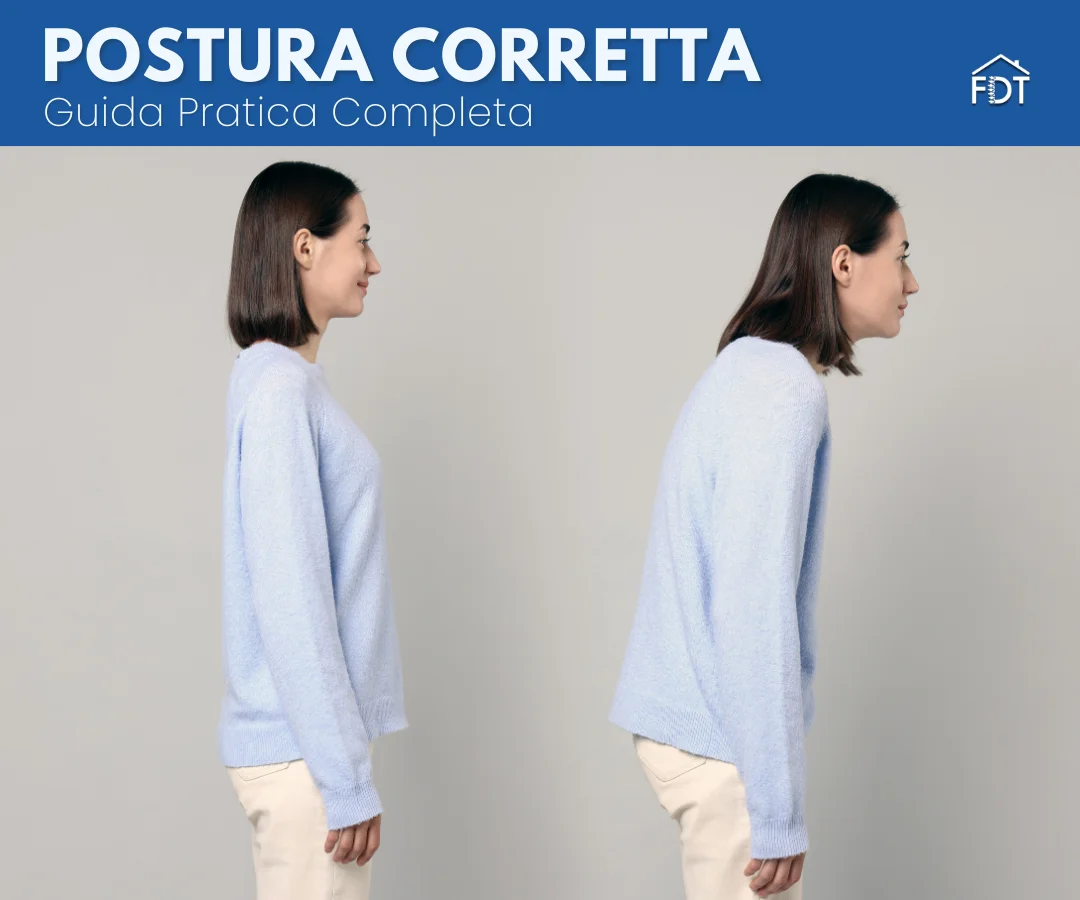 Donna con postura corretta in piedi vista laterale che mostra allineamento corporeo ideale colonna vertebrale dritta.