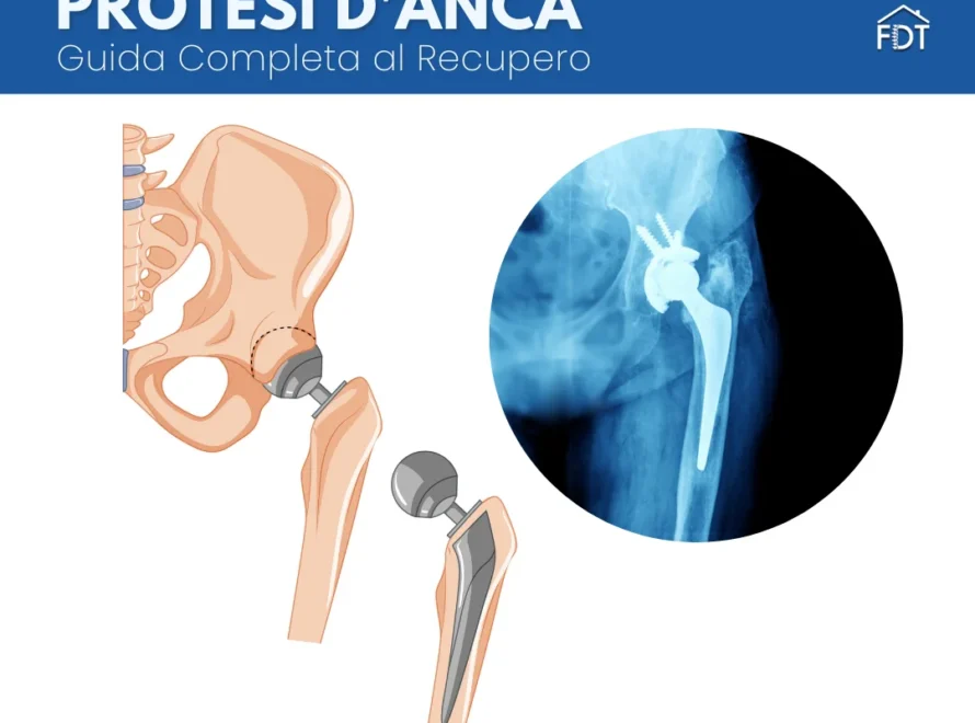 Radiografia e illustrazione anatomica di una protesi d'anca inserita