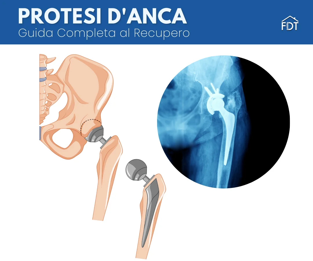 Radiografia e illustrazione anatomica di una protesi d'anca inserita