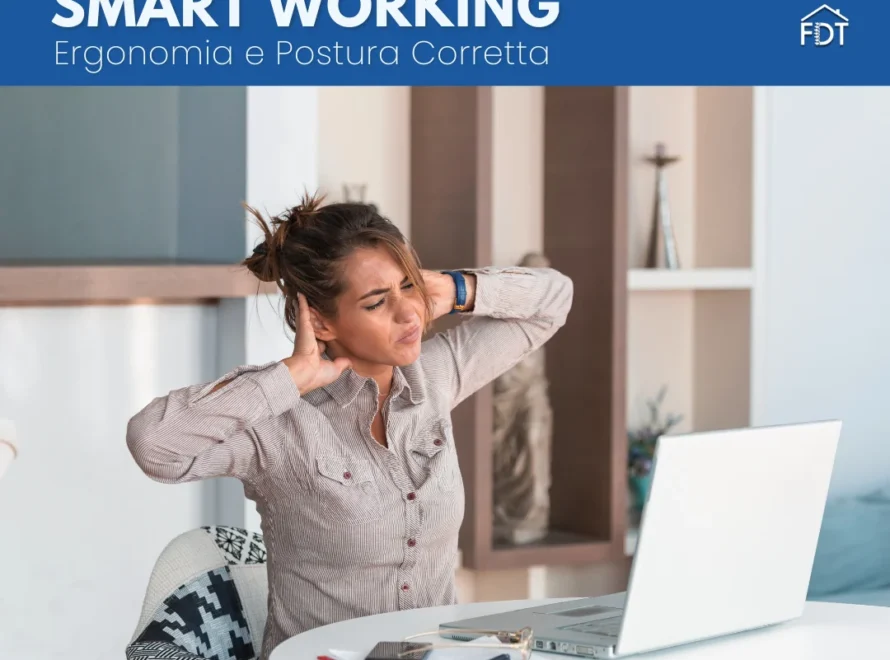 Donna alla scrivania in smart working con dolore cervicale e postura scorretta