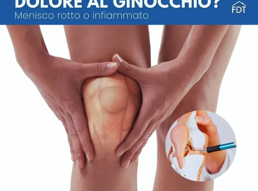 Persona che soffre di dolore al ginocchio con sovrapposto un dettaglio anatomico del menisco infiammato.