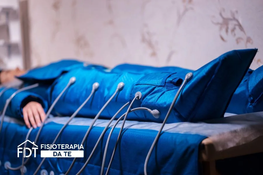Dettaglio dei gambali blu per pressoterapia collegati al macchinario durante un trattamento di drenaggio linfatico.