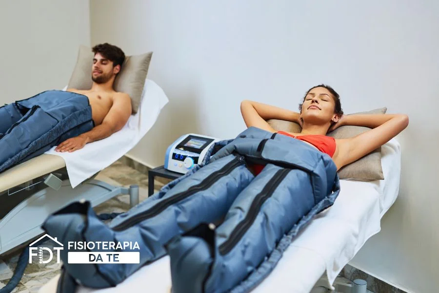 Pazienti sdraiati e rilassati durante una seduta di pressoterapia indicata sia per estetica che per recupero muscolare sportivo.