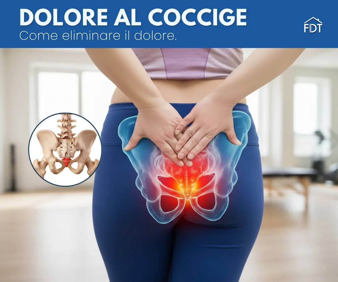 Donna con dolore al coccige evidenziato in rosso, con illustrazione anatomica dell'osso sacro infiammato