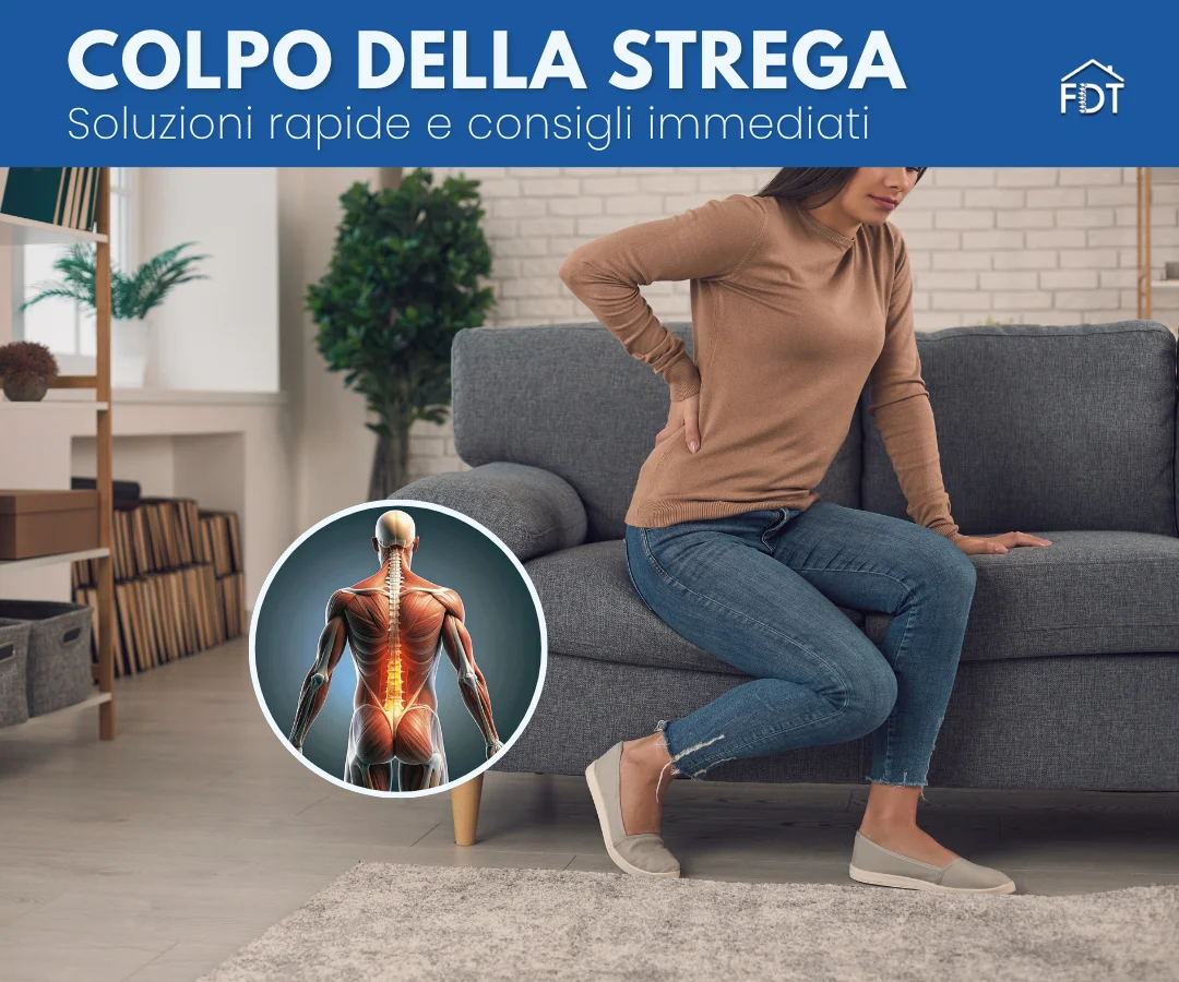 Donna con dolore lombare acuto che si tocca la schiena e infografica della colonna vertebrale infiammata