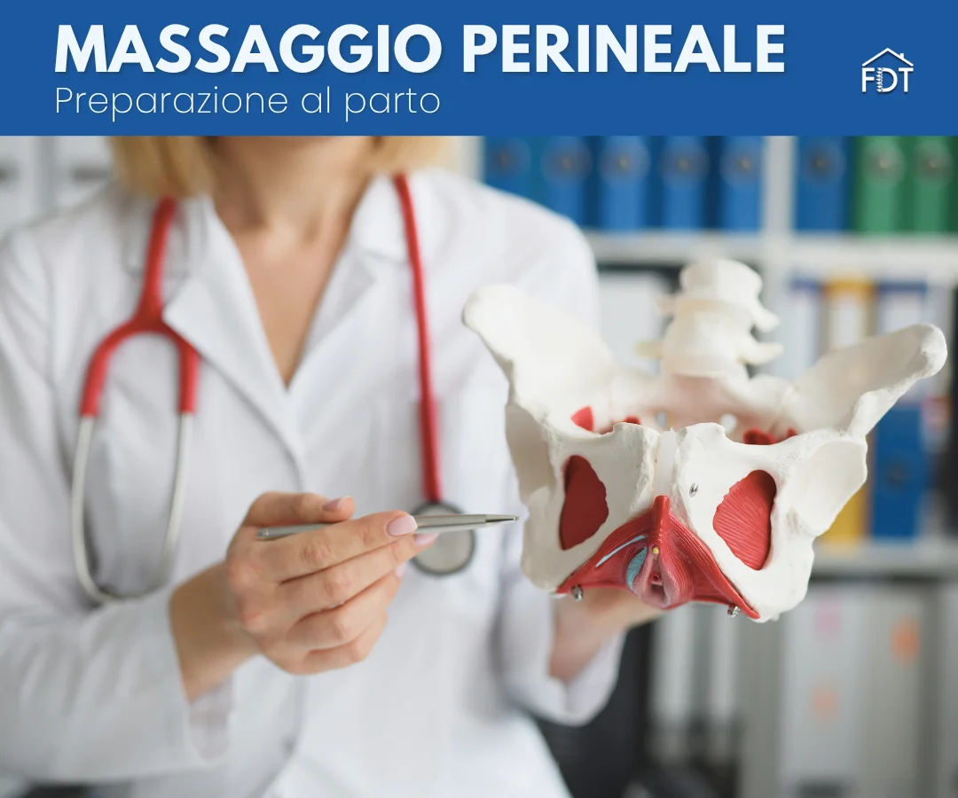 Fisioterapista mostra un modello anatomico del bacino femminile per spiegare le aree coinvolte nel massaggio perineale in gravidanza e nel pavimento pelvico.