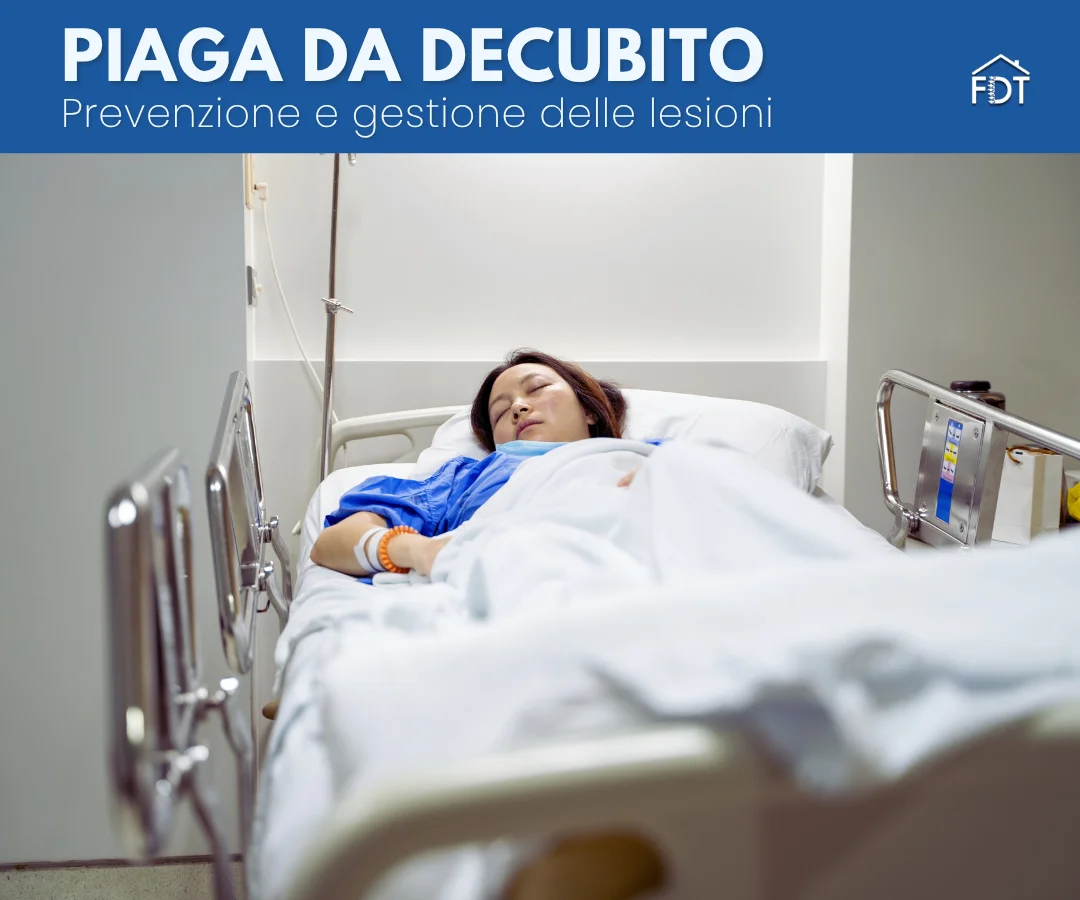 Paziente a letto che riceve assistenza, rappresentazione della gestione delle piaghe da decubito a domicilio.