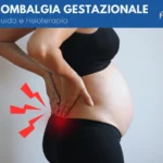 Donna incinta di profilo che si tocca la zona lombare dolorante, con grafica che evidenzia il mal di schiena e banner informativo sulla lombalgia gestazionale.