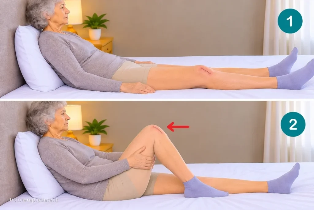 Esercizio di flessione asistita con le mani del ginocchio da seduti dopo una protesi al ginocchio