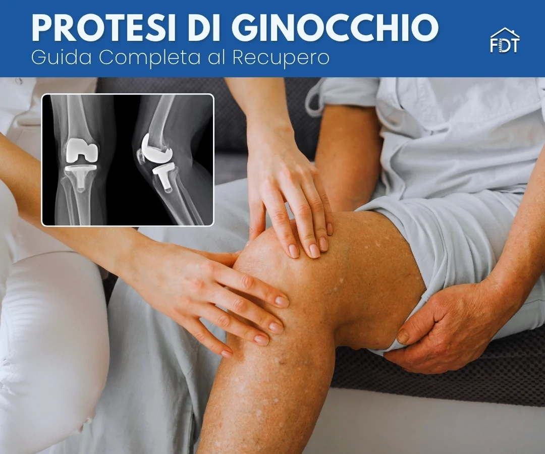 Fisioterapista esamina il ginocchio di un paziente dopo l'intervento di protesi, con radiografia dell'impianto protesico